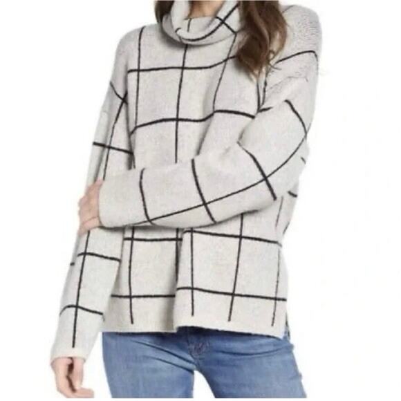 Madewell Womens Windowpane Wool Blend Turtleneck Sweater Sz XL Gray Chunky Boho - Picture 1 of 12